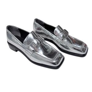 Rag & Bone Maxwell Silver Metallic Leather Studded Square Toe Loafers 38